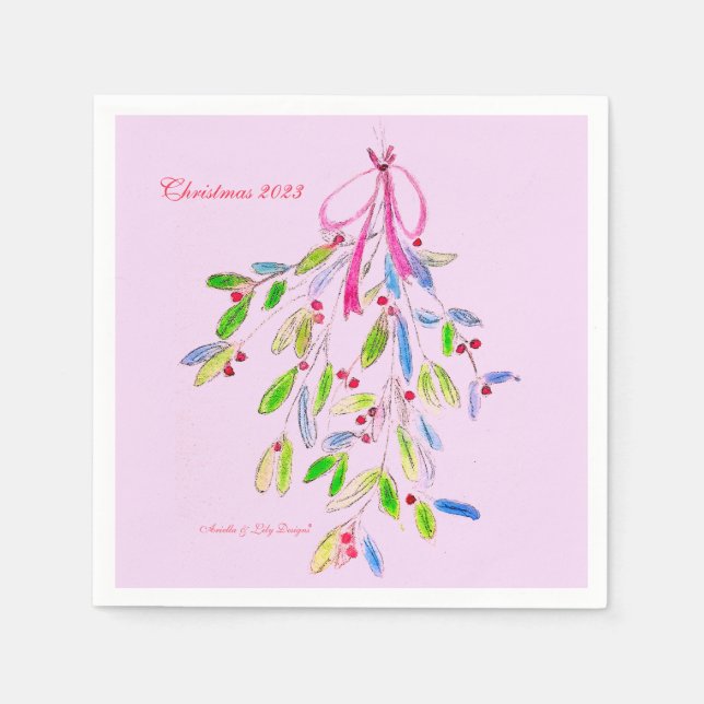 Pink Christmas Mistletoe Napkin Serviette (Vorderseite)