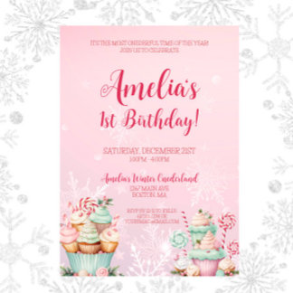 Pink Christmas Onederland Cupcake 1. Geburtstag Einladung