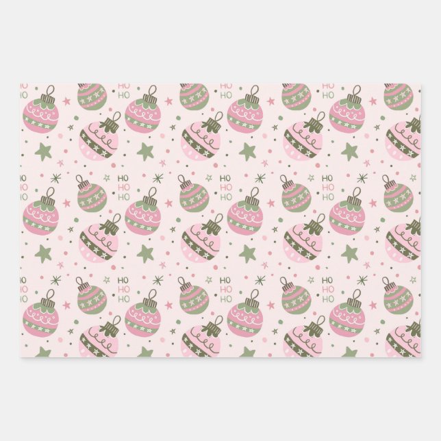 Pink Christmas Ornament Wrapping Paper Geschenkpapier Set (Vorderseite)