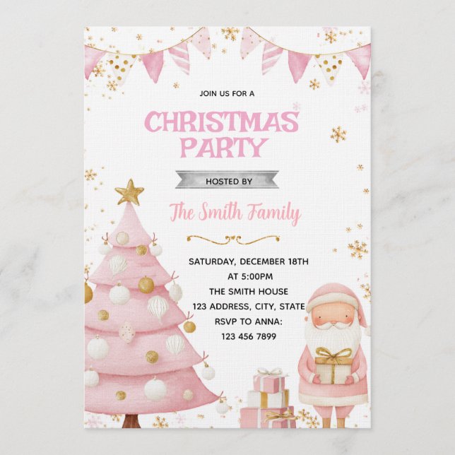 Pink Christmas Party Invitation Einladung (Vorderseite)