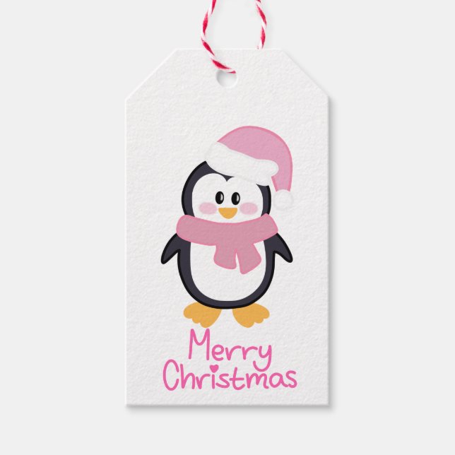 Pink Christmas Penguin Frohe Weihnachten Geschenkanhänger (Vorderseite)