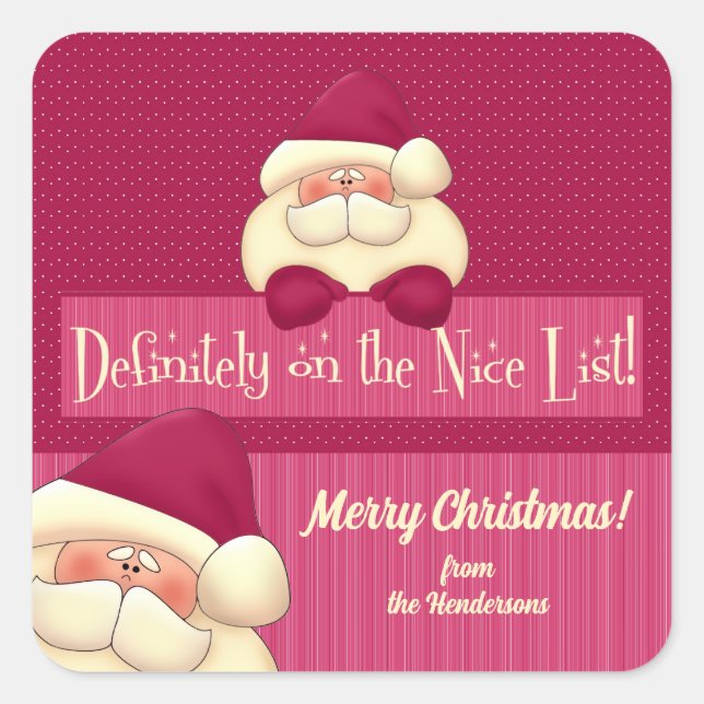 Pink Christmas Polka Dots und Santa Name Quadratischer Aufkleber (Vorderseite)