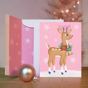Pink Christmas Retro Rudolph Reindeer Postcard Postkarte