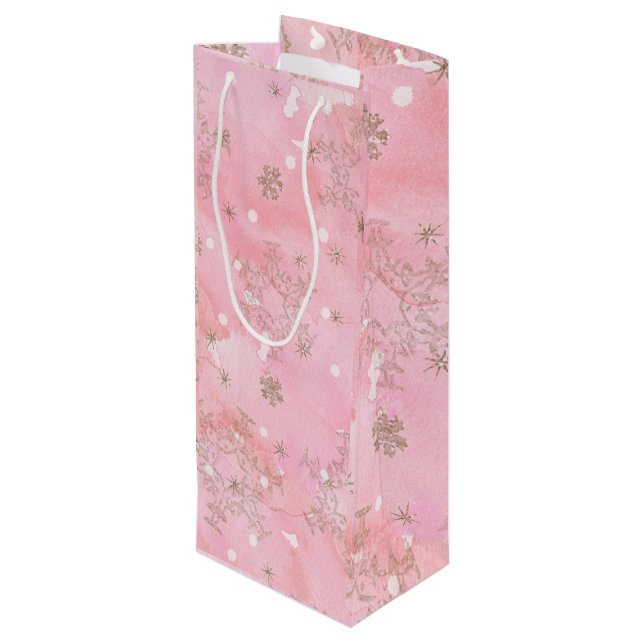 Pink Christmas Snowflakes Boho Pattern Geschenktüte Für Weinflaschen (Rückseite Schrägansicht)