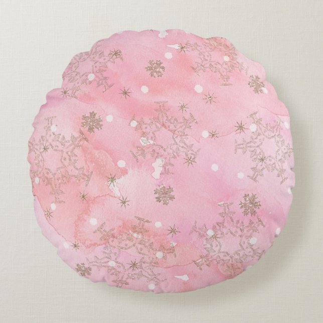 Pink Christmas Snowflakes Boho Pattern Rundes Kissen (Vorderseite)