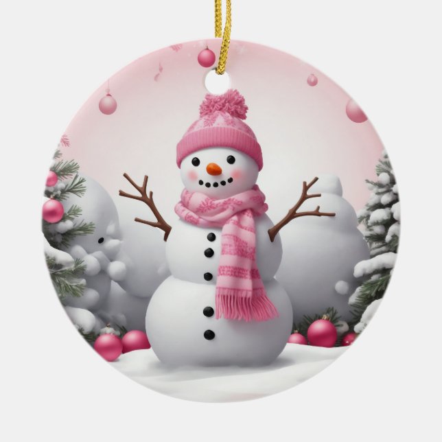 Pink Christmas Snowman Keramik Ornament (Vorne)