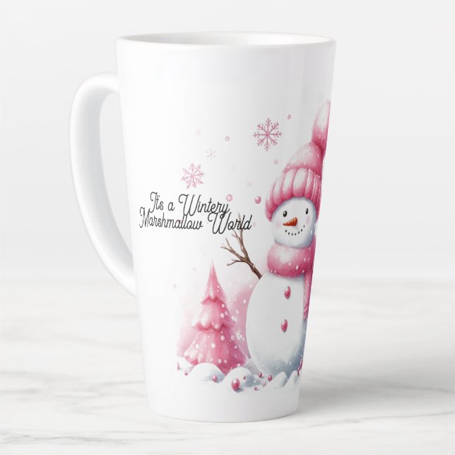 Pink Christmas Snowman Marshmallow World Milchtasse (Linke Ecke)