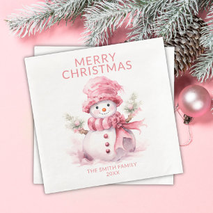 Pink Christmas Snowman Party Serviette