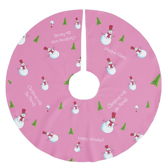 Pink Christmas Snowman Personalisiert Polyester Weihnachtsbaumdecke (Vorderseite)