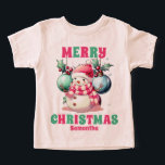 Pink Christmas Snowman Personalisierter Name<br><div class="desc">Rosa Weihnachten Schneemann Personalisiert Name Kleinkind im Shirt</div>