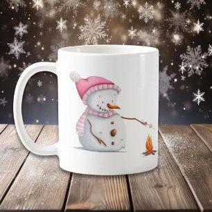 Pink Christmas Snowman Roasting Marshmallows Kaffeetasse