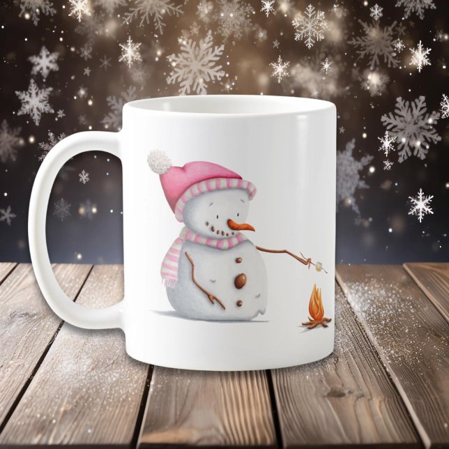 Pink Christmas Snowman Roasting Marshmallows Kaffeetasse (Von Creator hochgeladen)
