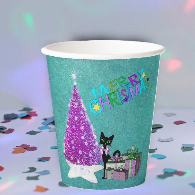 Pink Christmas Tree black Cat Wrapped Gifts Teal Pappbecher (Merry Christmas pink silver tree, black cat, wrapped gifts on teal paper party drink cup for holiday)