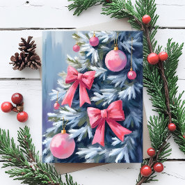Pink Christmas Tree | Bows Ornaments Watercolor Feiertagskarte