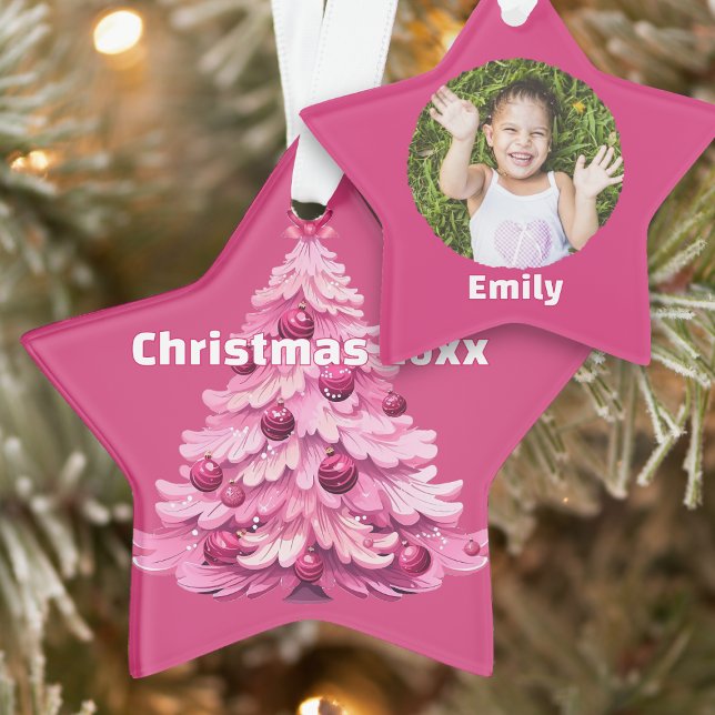 Pink Christmas Tree Dated Photo Star Ornament (Von Creator hochgeladen)