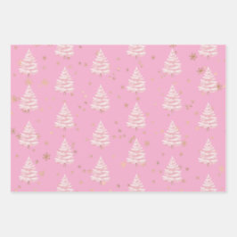 Pink Christmas Tree Gold Snowflakes Geschenkpapier Set
