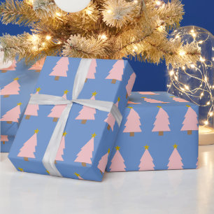 Pink Christmas Tree Line & Golden Star auf Blue Geschenkpapier