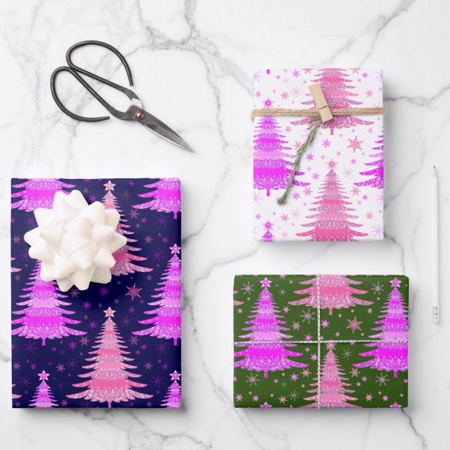 Pink Christmas Tree Muster Design Geschenkpapier Set (Vorderseite)