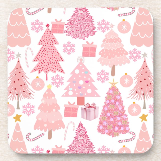 Pink Christmas Trees Muster Getränkeuntersetzer (Vorderseite)