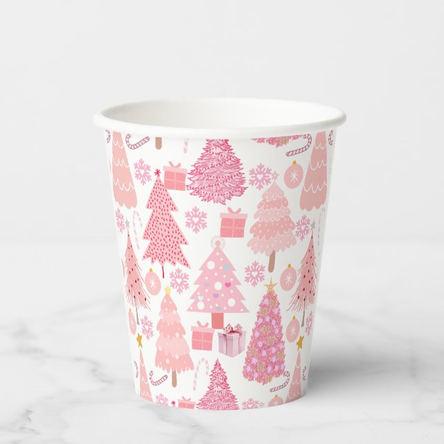 Pink Christmas Trees Muster Pappbecher (Vorderseite)