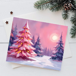 Pink Christmas Trees Pastel Winter Watercolor Feiertagspostkarte
