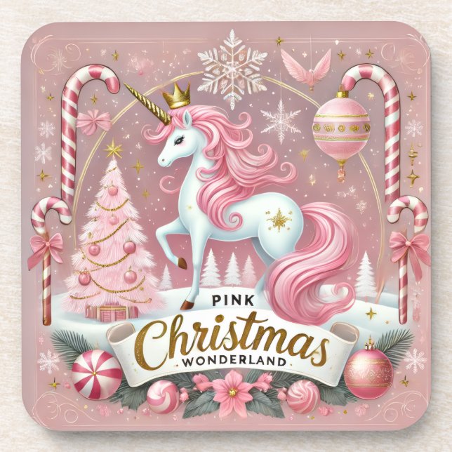 Pink Christmas Wonderland Unicorn Getränkeuntersetzer (Vorderseite)