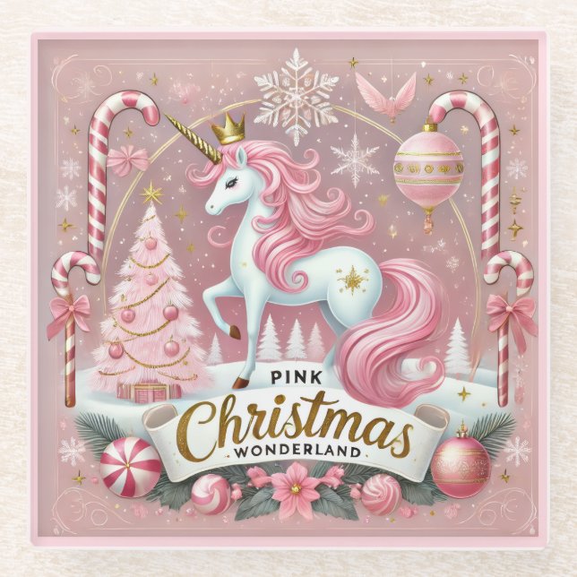 Pink Christmas Wonderland Unicorn Glasuntersetzer (Vorderseite)