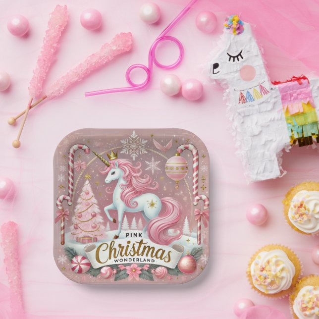 Pink Christmas Wonderland Unicorn  Pappteller (Party)