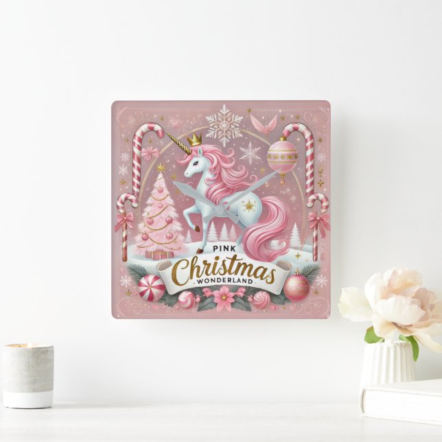 Pink Christmas Wonderland Unicorn Quadratische Wanduhr (Zuhause)