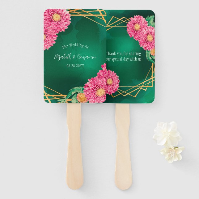 Pink Chrysanthemums Gold Geometric Wedding Fächer (Vorne und Hinten)