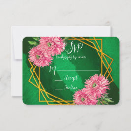 Pink Chrysanthemums Gold Geometric Wedding RSVP Karte