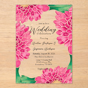 Pink Chrysanthemums Goldene bemalte Hochzeit Acryleinladungen