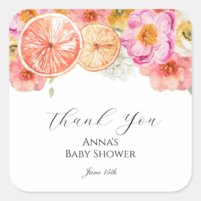 Pink Citrus Blume Vielen Dank für Ihre Unterstützu Quadratischer Aufkleber (Vorderseite)