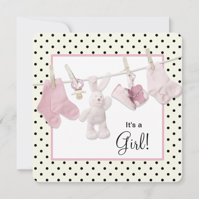 Pink Clothesline Baby Girl Dusche Einladung (Vorderseite)