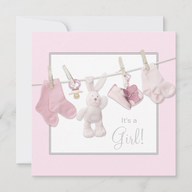 Pink Clothesline Baby Girl Duwer Einladungen (Vorderseite)