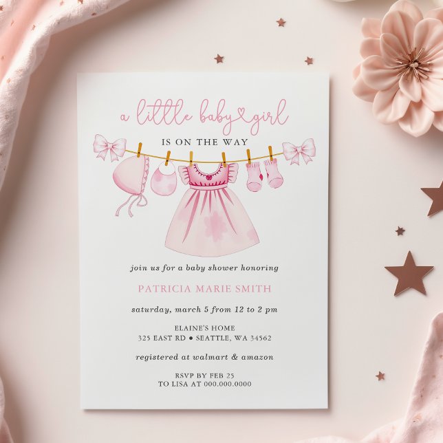Pink Clothesline Coquette Bow Girl Babydusche Einladung (Pink Baby Girl Baby Shower Invitations)