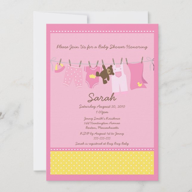 Pink Clothesline Kinderdusche Einladung (Vorderseite)