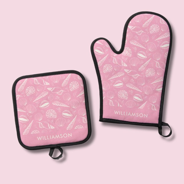 Pink Coastal Seashell Muster Ofenhandschuh & Topflappen-Set (Pink seashell coastal chic oven gloves and mitt.  Matching homeware available.)