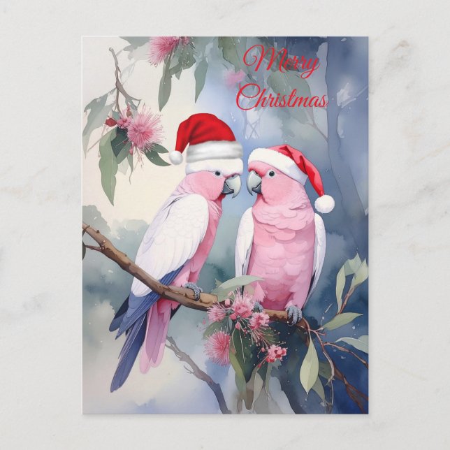 Pink Cockatoos Weihnachtsmannmütze Frohe Weihnacht Postkarte (Vorderseite)