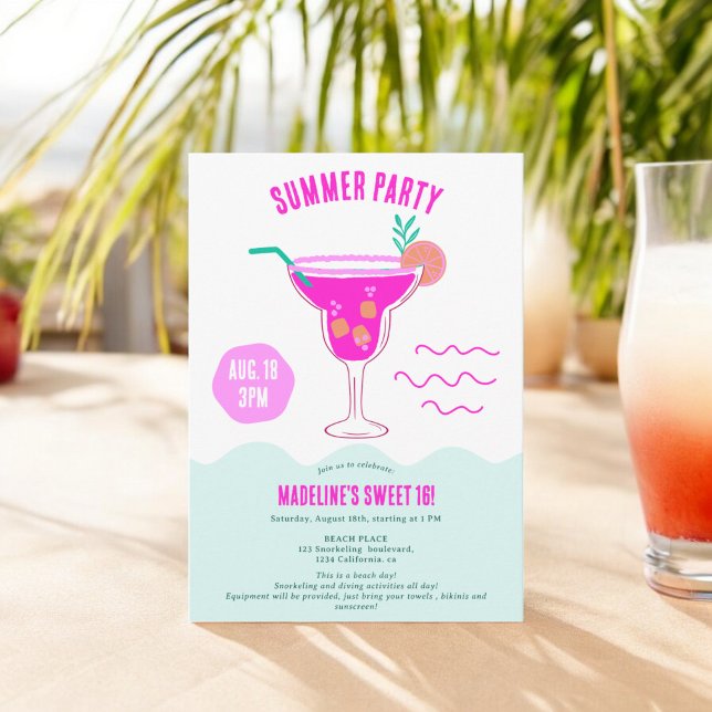 Pink Cocktail Illustration Sommer Strand Sweet 16 Einladung (Pink Cocktail illustration summer beach Sweet 16 Invitation)