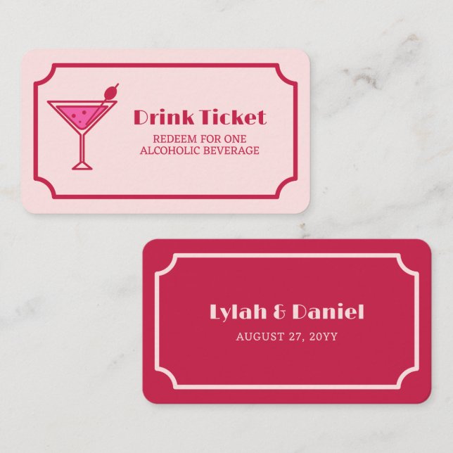 Pink Cocktail Retro Font Wedding Drink Ticket (Vorne/Hinten)
