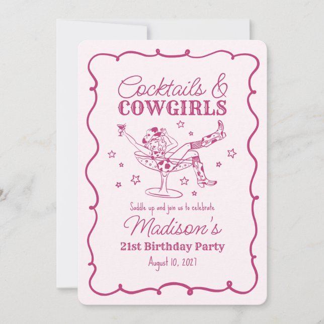 Pink Cocktails und Cowgirls Nash Bash Birthday Einladung (Vorderseite)