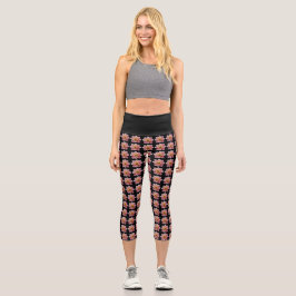 Pink Collarette Dahlia Blumenmuster auf schwarz Capri Leggings