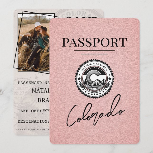 Pink Colorado Passport Save the Date (Vorne/Hinten)