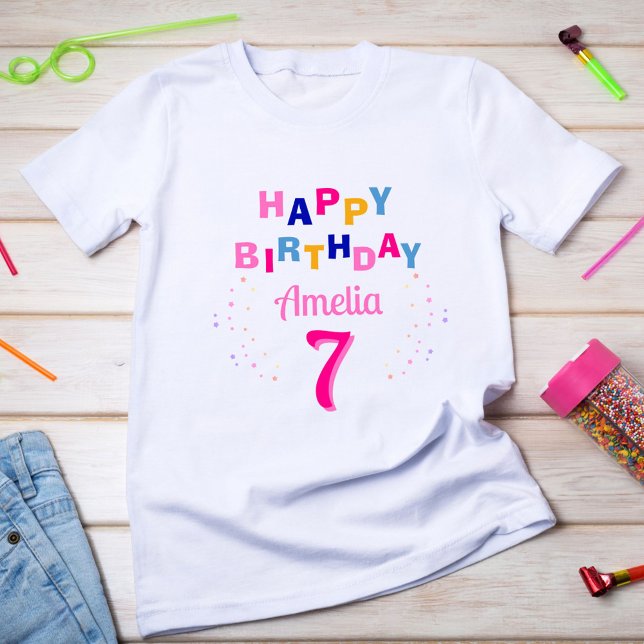  Pink Colorful Stars Girl Happy Birthday  T-Shirt (Von Creator hochgeladen)