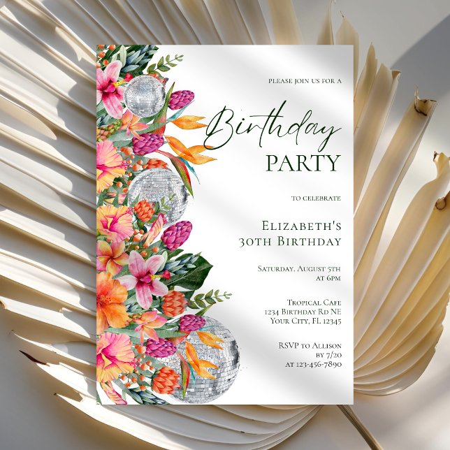 Pink Colorful Tropical Flowers Disco Ball Birthday Einladung (Von Creator hochgeladen)