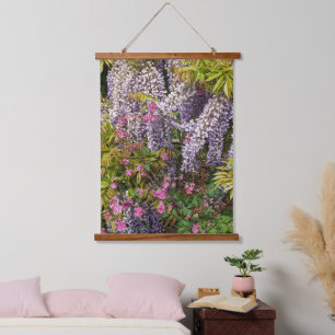 Pink Columbine and Lila Wisteria Floral Wandteppich Mit Holzrahmen