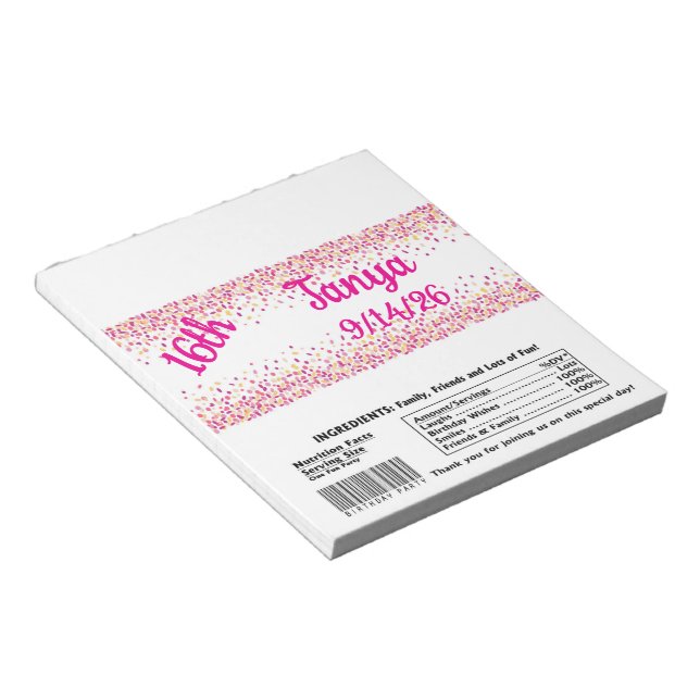 Pink Confetti Candy Bar Wrapper Gastgeschenk Notizblock (angewinkelt)