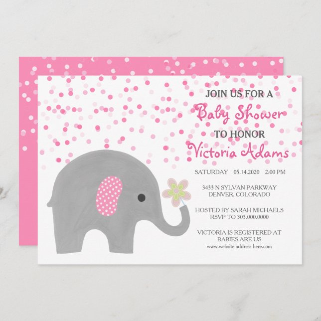 Pink Confetti Elephant Baby Girl Dusche Einladung (Vorne/Hinten)