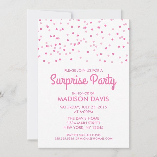 Pink Confetti Überraschung Geburtstagsparty Einladung (Vorderseite)
